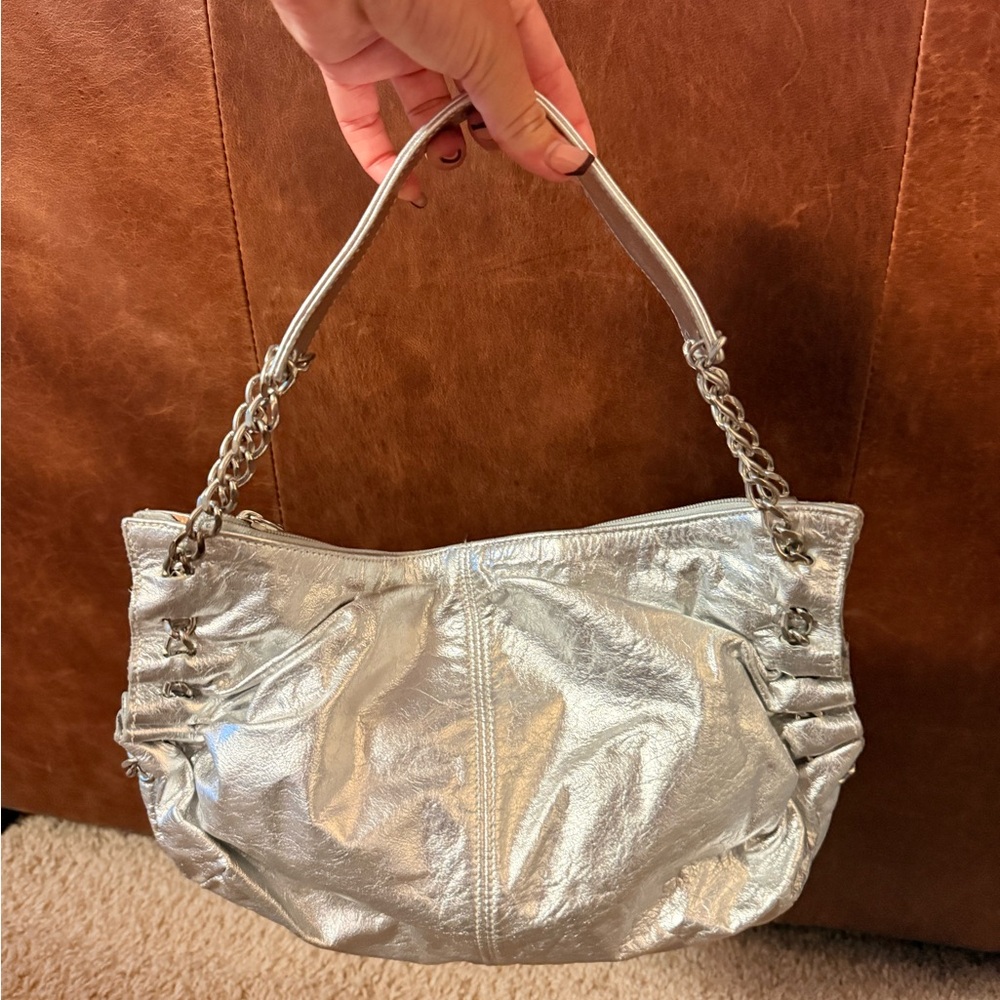 Y2K silver leather slouch bag with chain strap